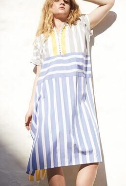 Thierry Colson Striped Cotton Caftan Dress Blue White Yellow Size Small